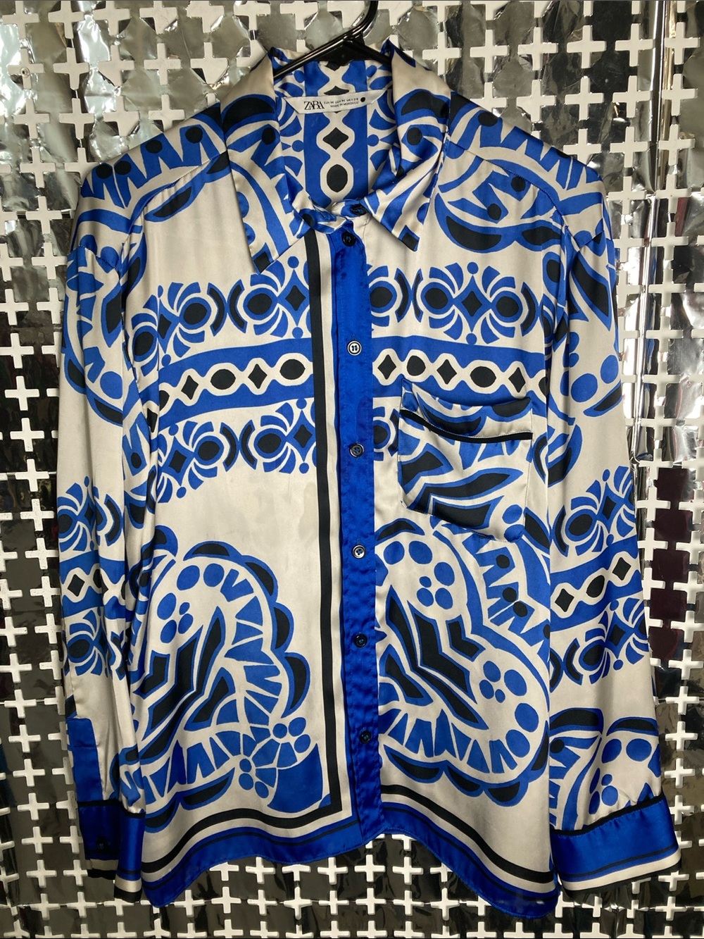 Zara Blue, White & Black Graphic Silk-Feel Button-Up Blouse